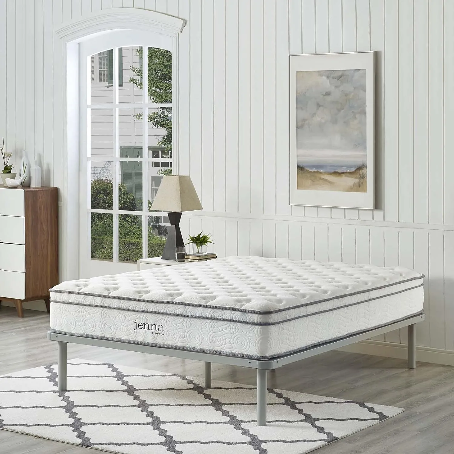 Modway Jenna Innerspring and Foam Mattress-10-Year Warranty, Queen, White
