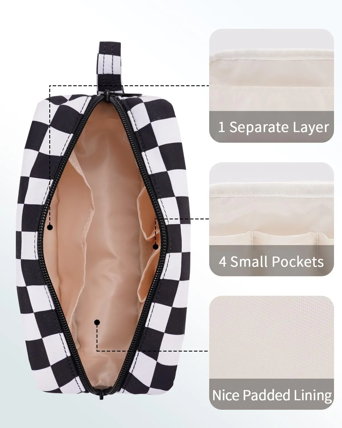 Narwey Small Checkered Makeup Bag for Purse Travel Makeup Pouch Mini Cosmetic Bag Zipper Pouch for Women (Black Checkerboard, Small)