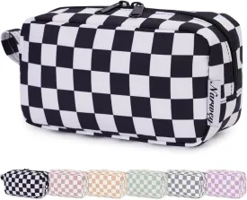 Narwey Small Checkered Makeup Bag for Purse Travel Makeup Pouch Mini Cosmetic Bag Zipper Pouch for Women (Black Checkerboard, Small)