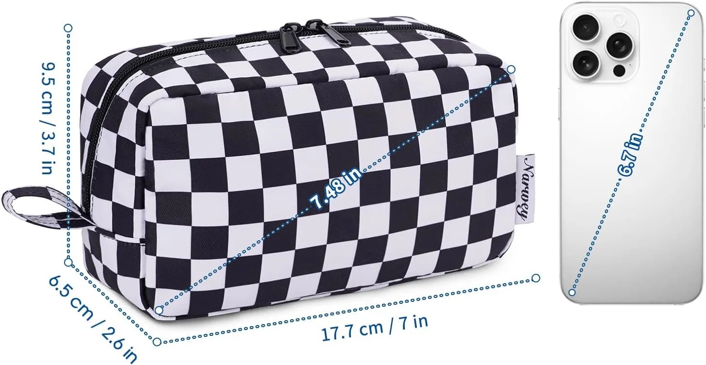 Narwey Small Checkered Makeup Bag for Purse Travel Makeup Pouch Mini Cosmetic Bag Zipper Pouch for Women (Black Checkerboard, Small)