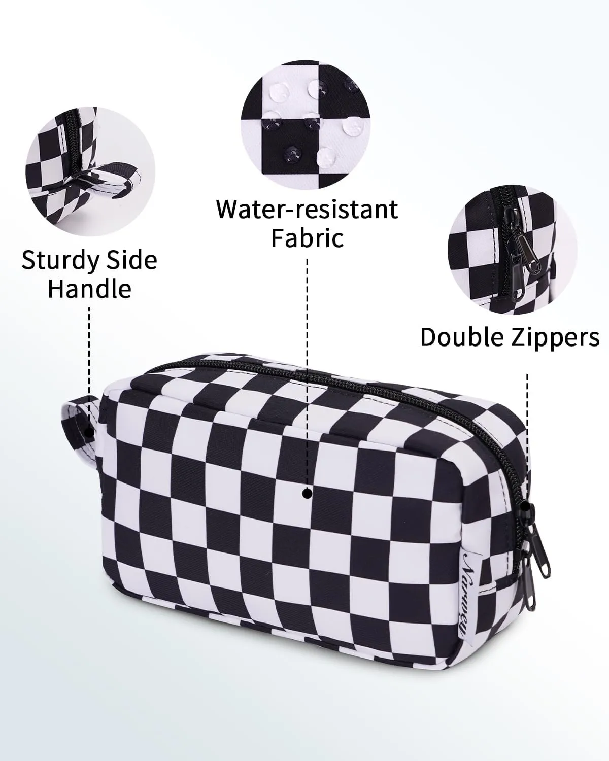 Narwey Small Checkered Makeup Bag for Purse Travel Makeup Pouch Mini Cosmetic Bag Zipper Pouch for Women (Black Checkerboard, Small)