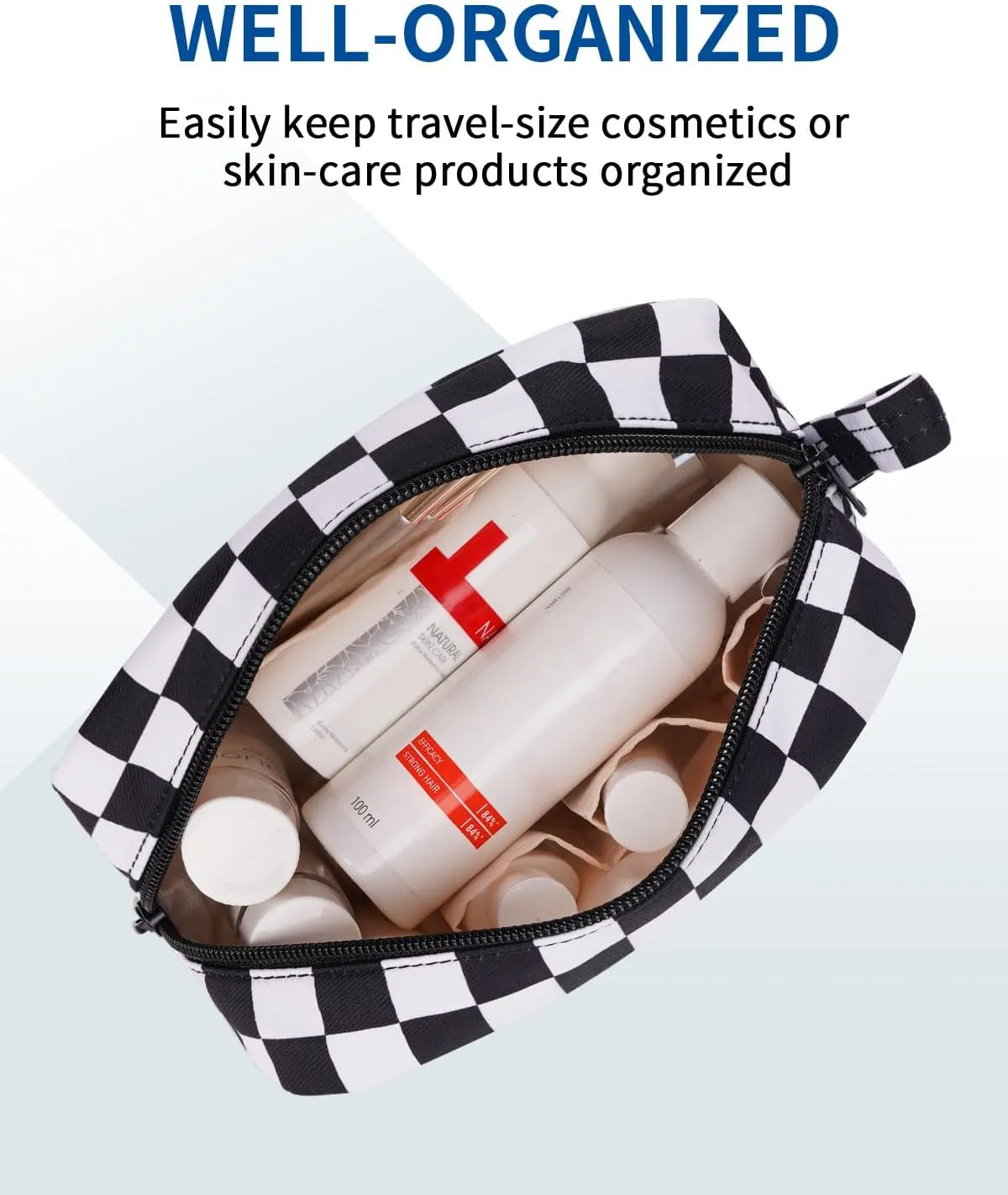 Narwey Small Checkered Makeup Bag for Purse Travel Makeup Pouch Mini Cosmetic Bag Zipper Pouch for Women (Black Checkerboard, Small)