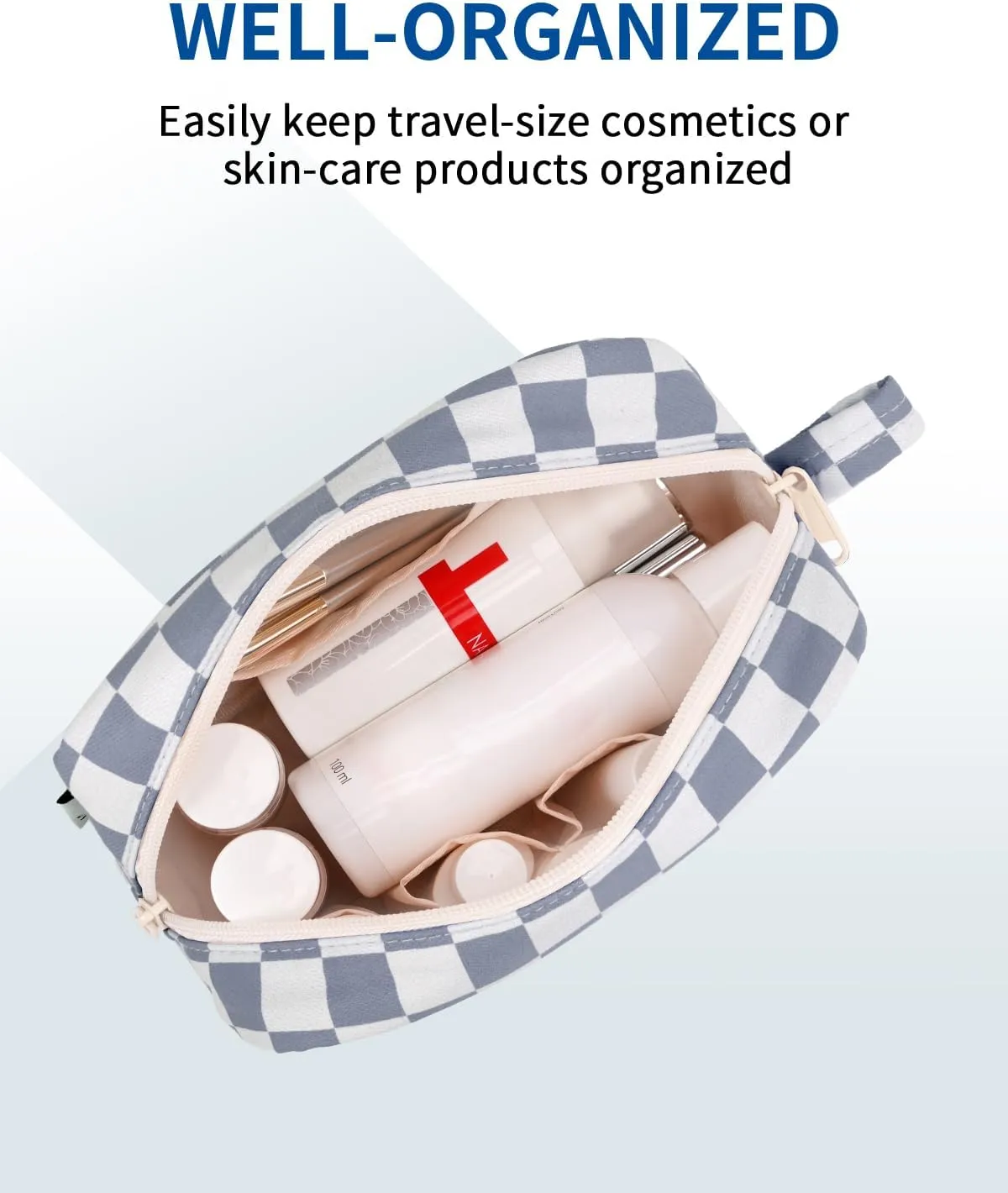 Narwey Small Checkered Makeup Bag for Purse Travel Makeup Pouch Mini Cosmetic Bag Zipper Pouch for Women (Grayish Blue Checkerboard, Small)