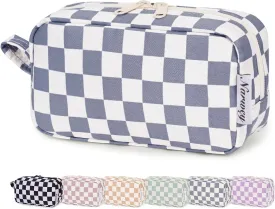 Narwey Small Checkered Makeup Bag for Purse Travel Makeup Pouch Mini Cosmetic Bag Zipper Pouch for Women (Grayish Blue Checkerboard, Small)