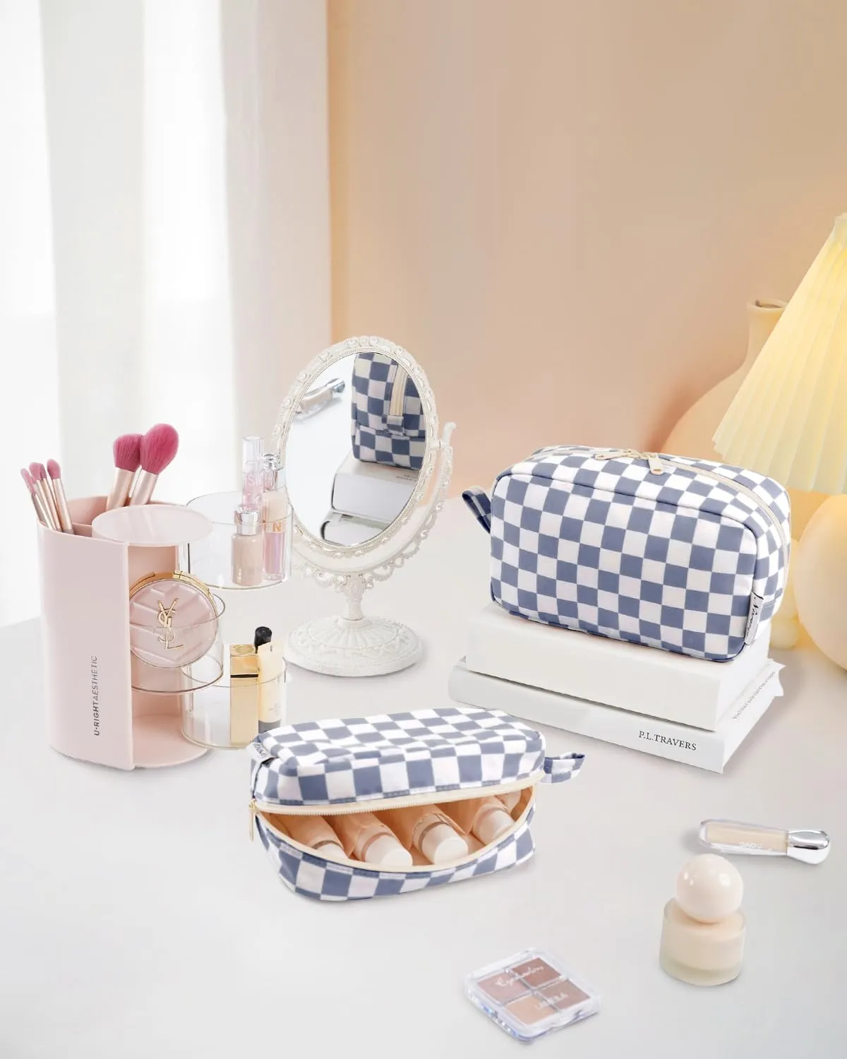 Narwey Small Checkered Makeup Bag for Purse Travel Makeup Pouch Mini Cosmetic Bag Zipper Pouch for Women (Grayish Blue Checkerboard, Small)