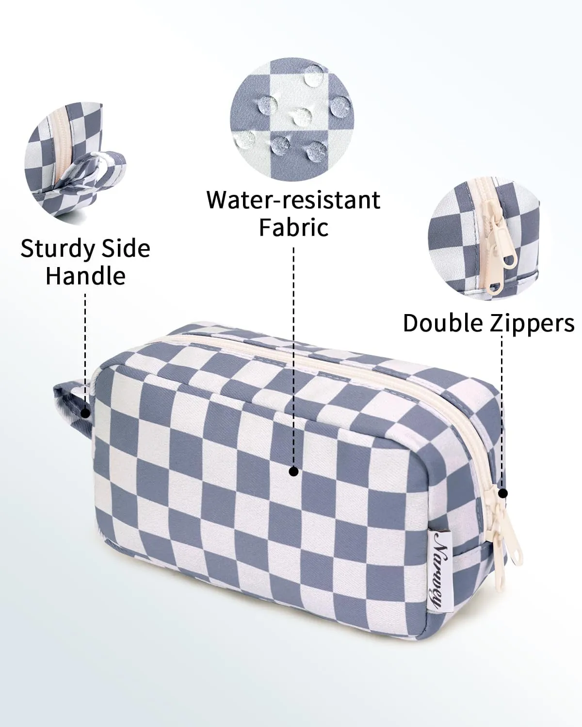Narwey Small Checkered Makeup Bag for Purse Travel Makeup Pouch Mini Cosmetic Bag Zipper Pouch for Women (Grayish Blue Checkerboard, Small)