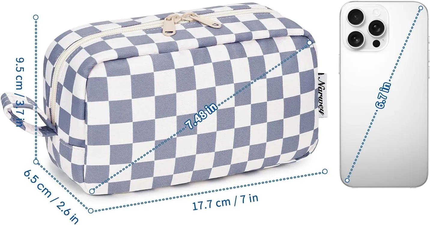 Narwey Small Checkered Makeup Bag for Purse Travel Makeup Pouch Mini Cosmetic Bag Zipper Pouch for Women (Grayish Blue Checkerboard, Small)