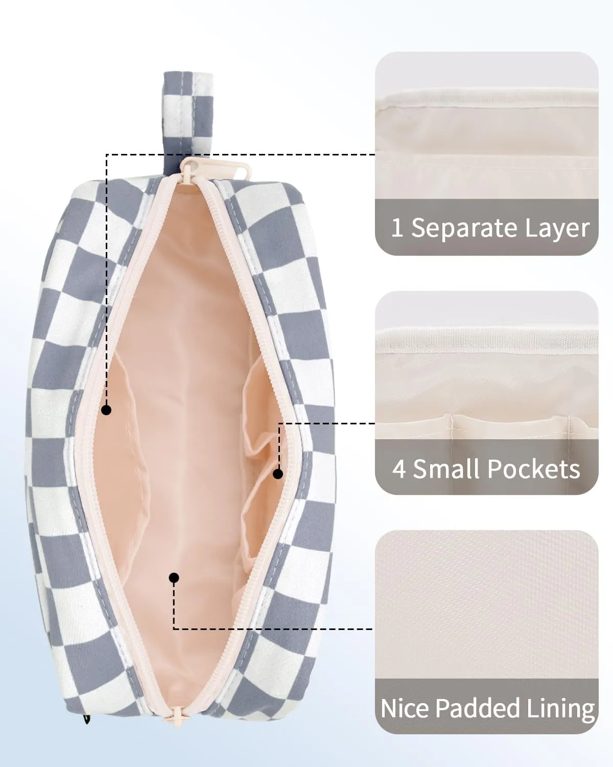 Narwey Small Checkered Makeup Bag for Purse Travel Makeup Pouch Mini Cosmetic Bag Zipper Pouch for Women (Grayish Blue Checkerboard, Small)