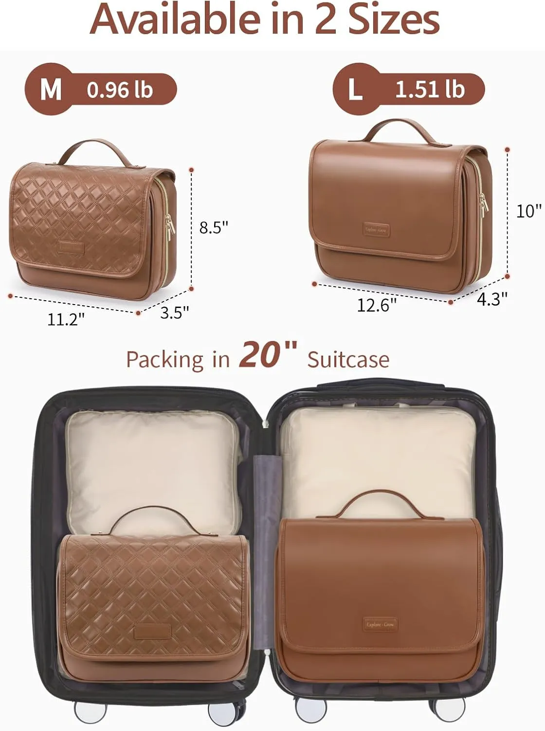 PACKISM Hanging Travel Bag for Toiletries - Quilted Plaid Waterproof Travel Makeup Organizer with Detachable Cosmetic Bag, 4 Smart Large Compartments for Full-Sized Toiletries, PU Leather Brown (M)