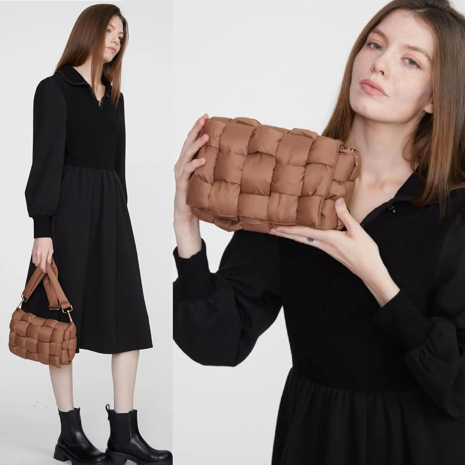 Puffer Woven Crossbody Bag Purse Handbags for Women, Quilted Hobo Carryall Bag Shoulder Bags with Adjustable Strap
