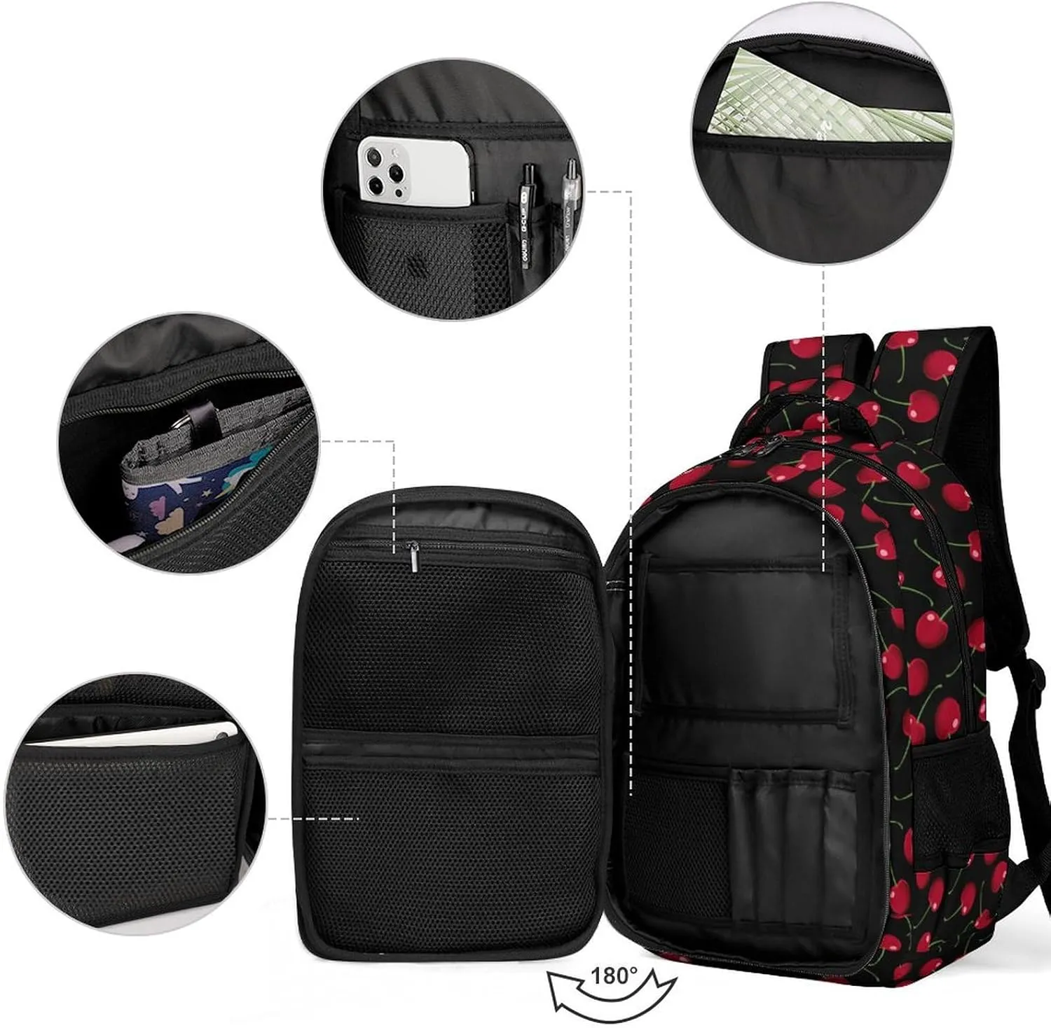 Red Cherries Black Backpack Large Capacity Lightweight Backpack Laptop Backpack For Unisex