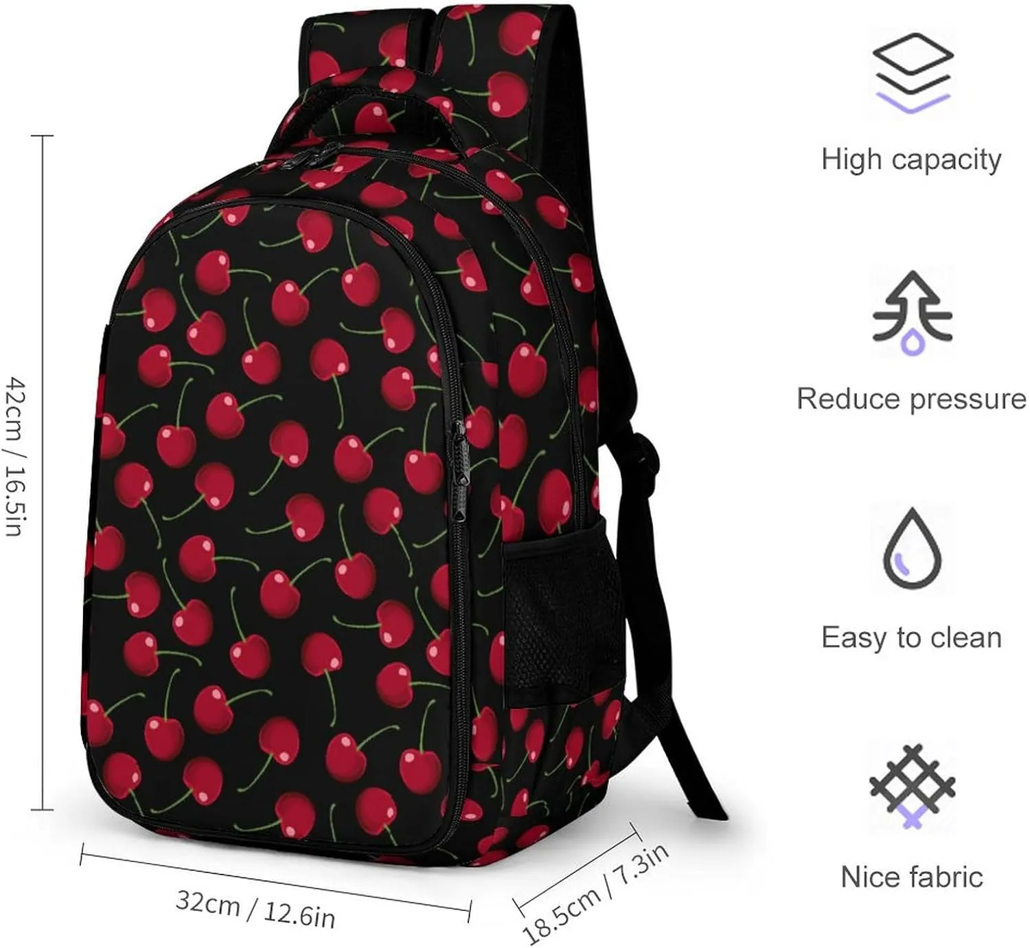 Red Cherries Black Backpack Large Capacity Lightweight Backpack Laptop Backpack For Unisex