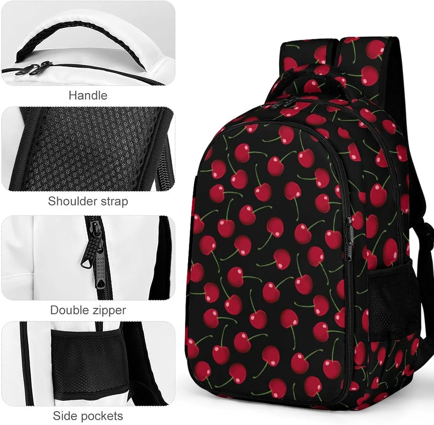 Red Cherries Black Backpack Large Capacity Lightweight Backpack Laptop Backpack For Unisex