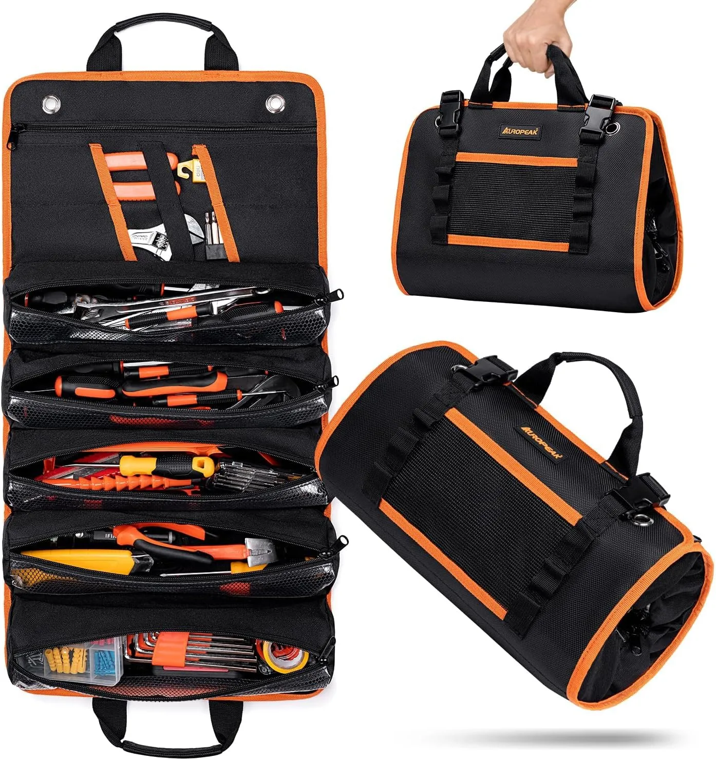 Roll Up Tool Bag Organizer, Heavy Duty Tool Roll Bag for Men, Portable Tool Roll Up Bag with 12 Pockets, Waterproof 1680D Tool Bag Organizer for Mechanic Electrician HVAC Repairman Carpenter