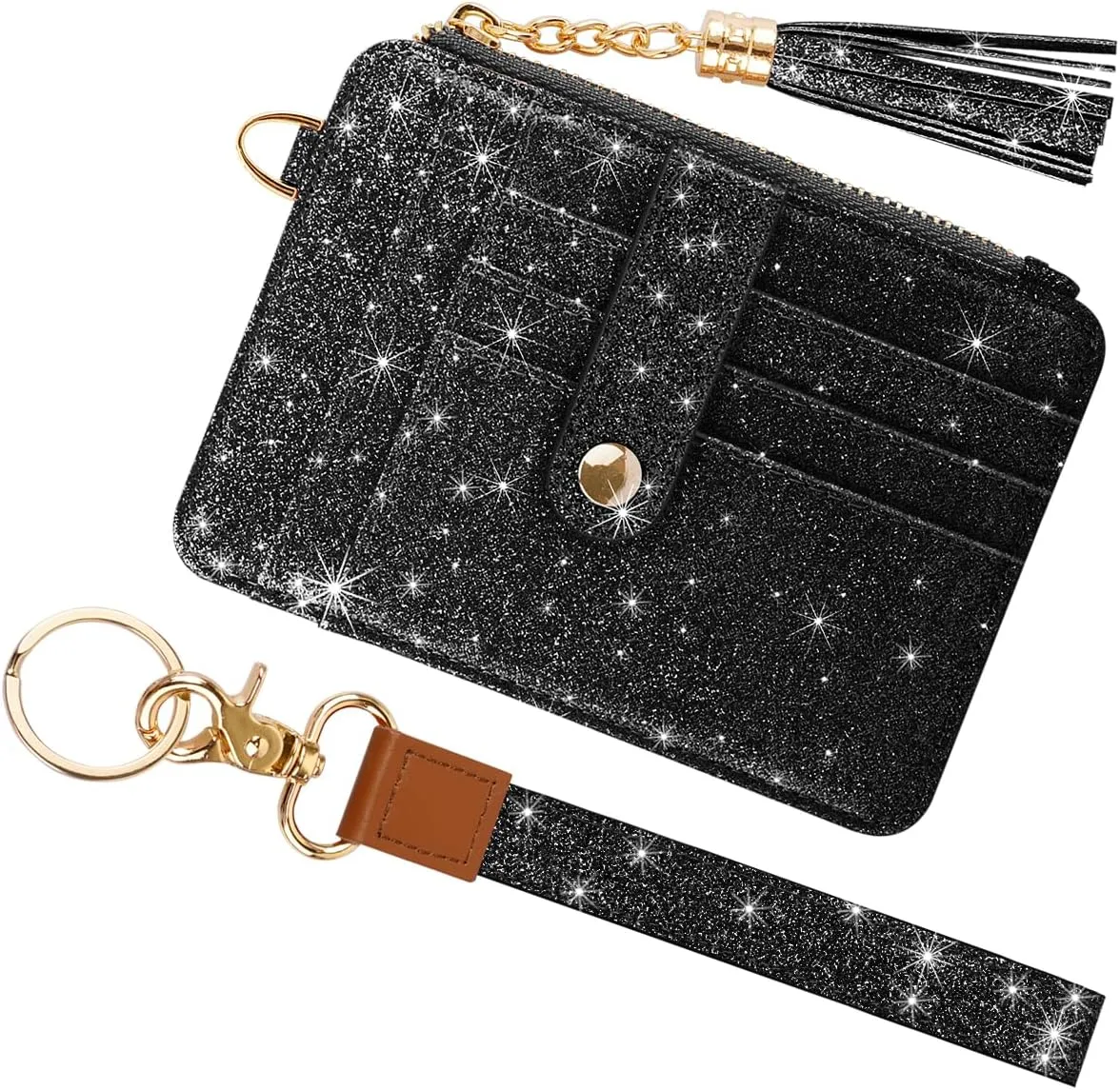 Slim Zipper Credit Card Holder with Keychain Wristlet Small RFID Glitter Leather Wallet with ID Window for Women,Black