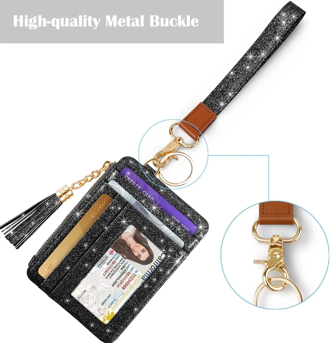Slim Zipper Credit Card Holder with Keychain Wristlet Small RFID Glitter Leather Wallet with ID Window for Women,Black