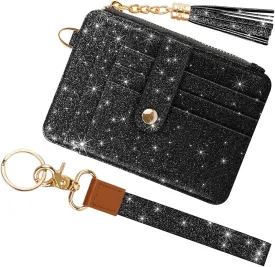 Slim Zipper Credit Card Holder with Keychain Wristlet Small RFID Glitter Leather Wallet with ID Window for Women,Black