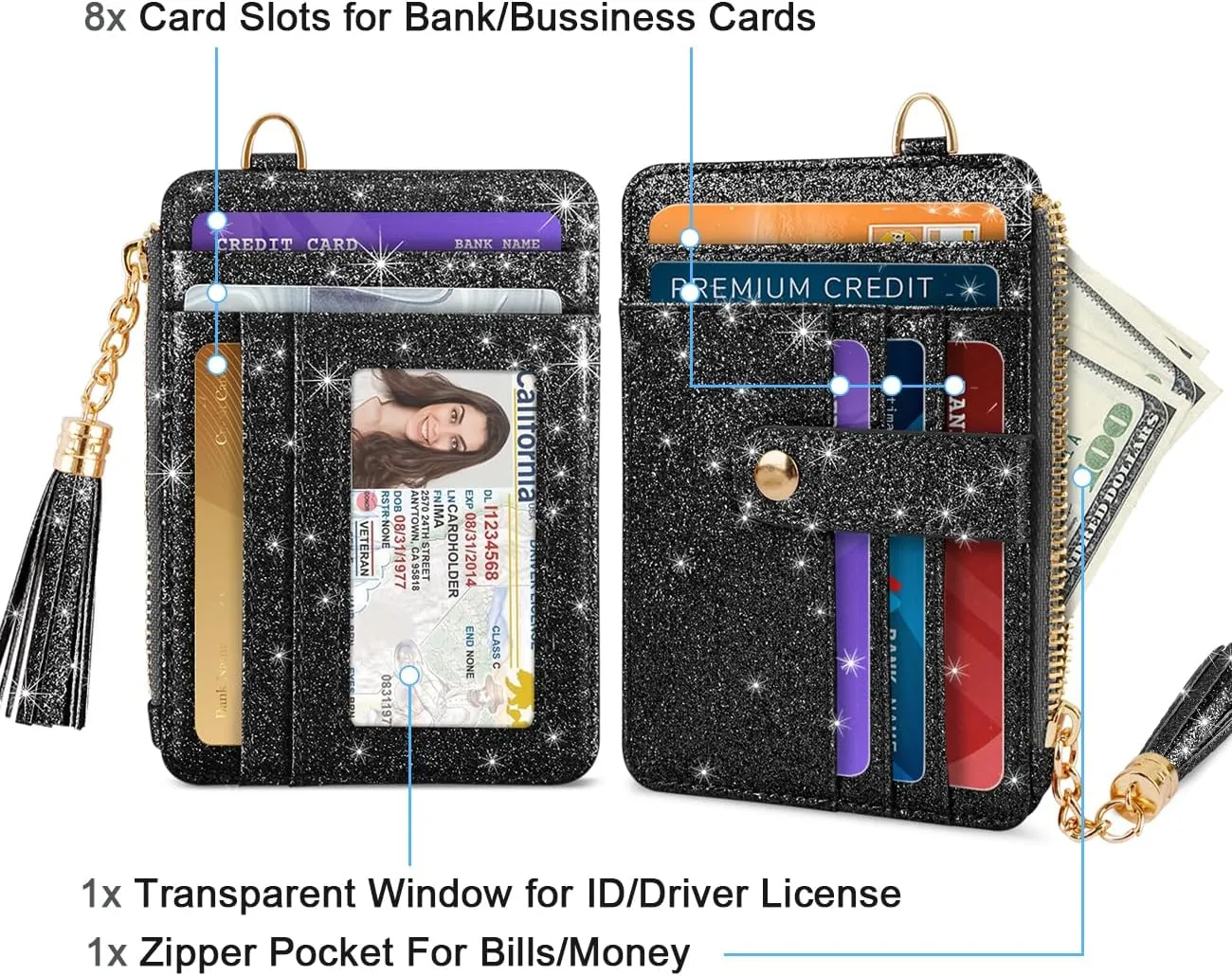 Slim Zipper Credit Card Holder with Keychain Wristlet Small RFID Glitter Leather Wallet with ID Window for Women,Black