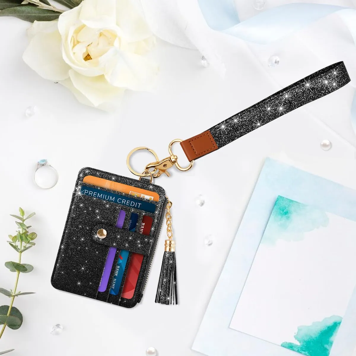 Slim Zipper Credit Card Holder with Keychain Wristlet Small RFID Glitter Leather Wallet with ID Window for Women,Black