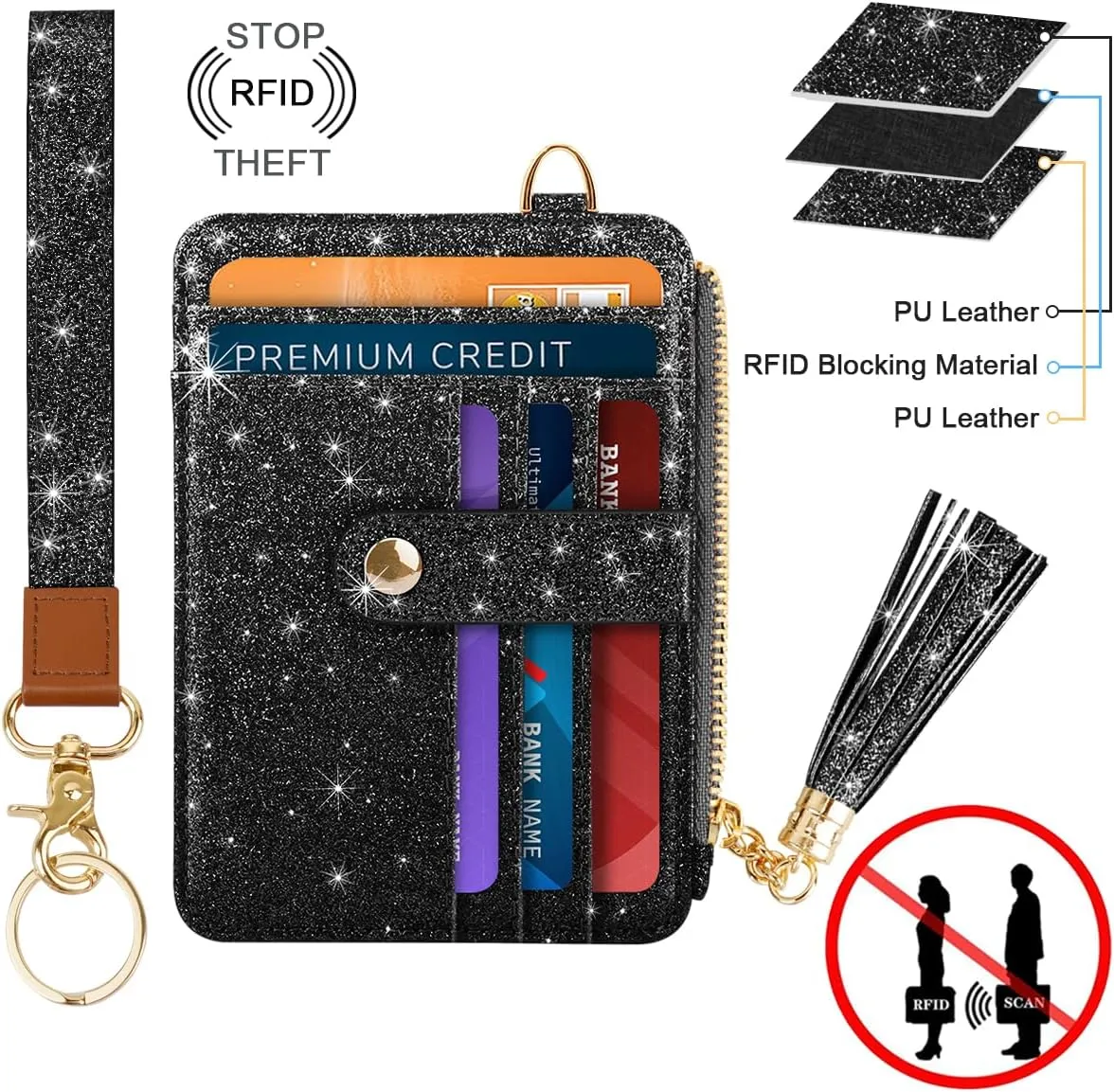 Slim Zipper Credit Card Holder with Keychain Wristlet Small RFID Glitter Leather Wallet with ID Window for Women,Black