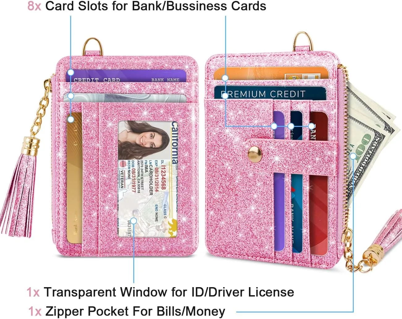 Slim Zipper Credit Card Holder with Keychain Wristlet Small RFID Leather Wallet with ID Window for Women,Peach Glitter
