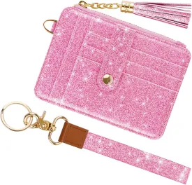 Slim Zipper Credit Card Holder with Keychain Wristlet Small RFID Leather Wallet with ID Window for Women,Peach Glitter