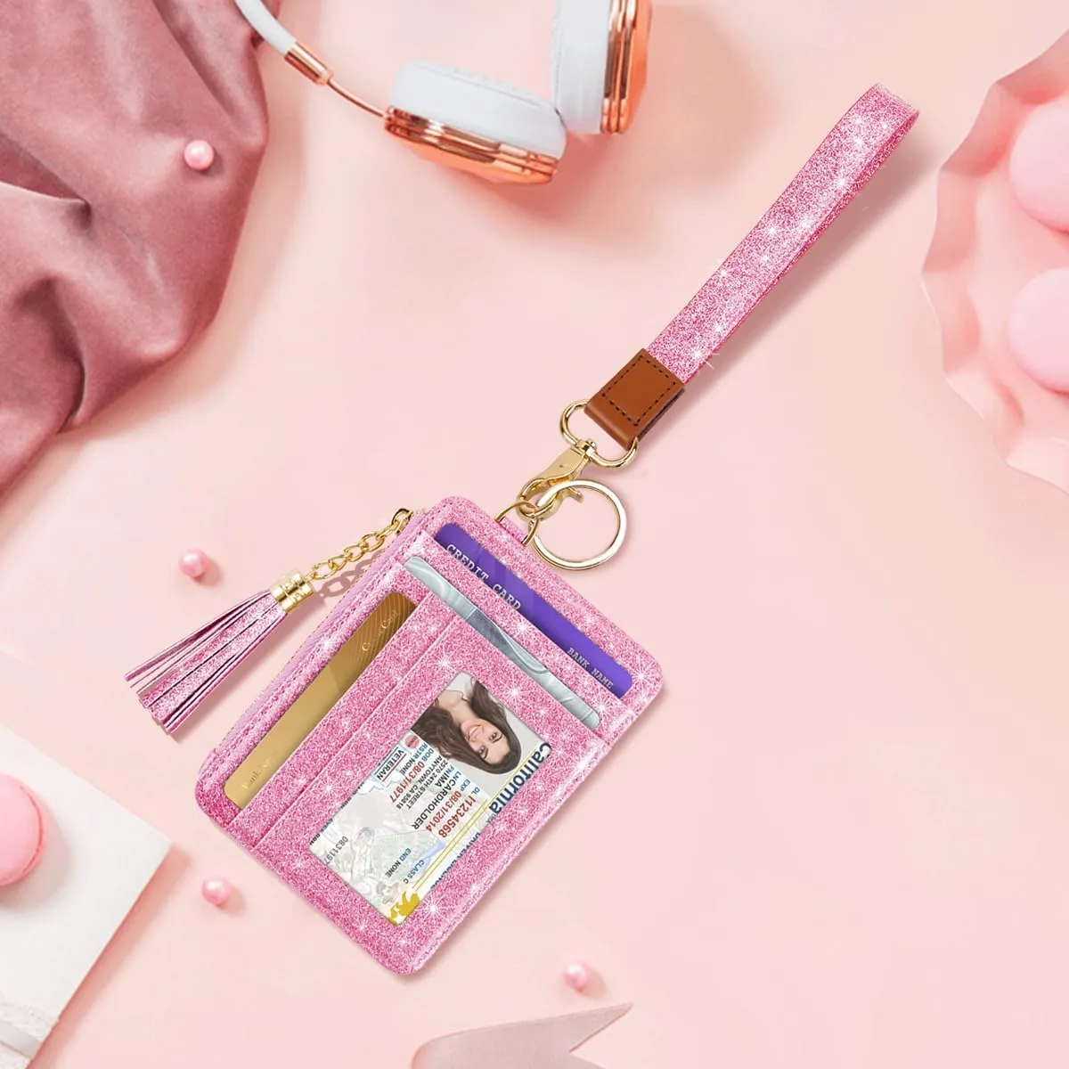 Slim Zipper Credit Card Holder with Keychain Wristlet Small RFID Leather Wallet with ID Window for Women,Peach Glitter