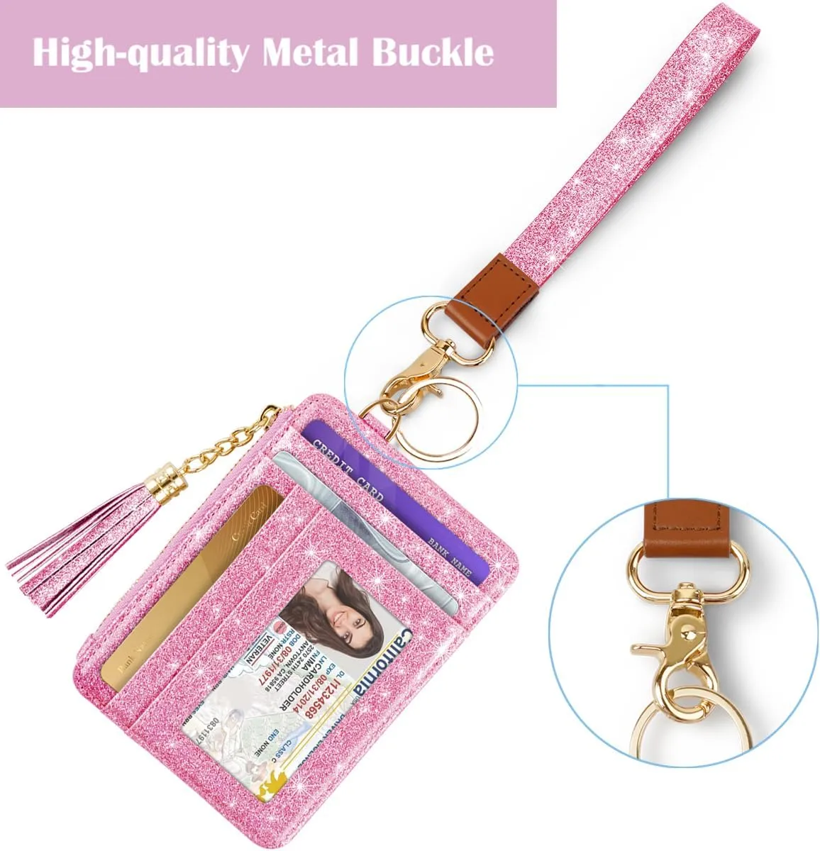 Slim Zipper Credit Card Holder with Keychain Wristlet Small RFID Leather Wallet with ID Window for Women,Peach Glitter