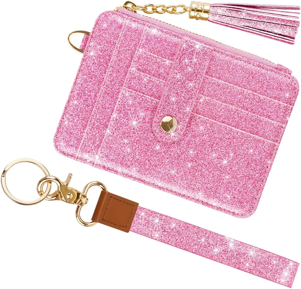 Slim Zipper Credit Card Holder with Keychain Wristlet Small RFID Leather Wallet with ID Window for Women,Peach Glitter