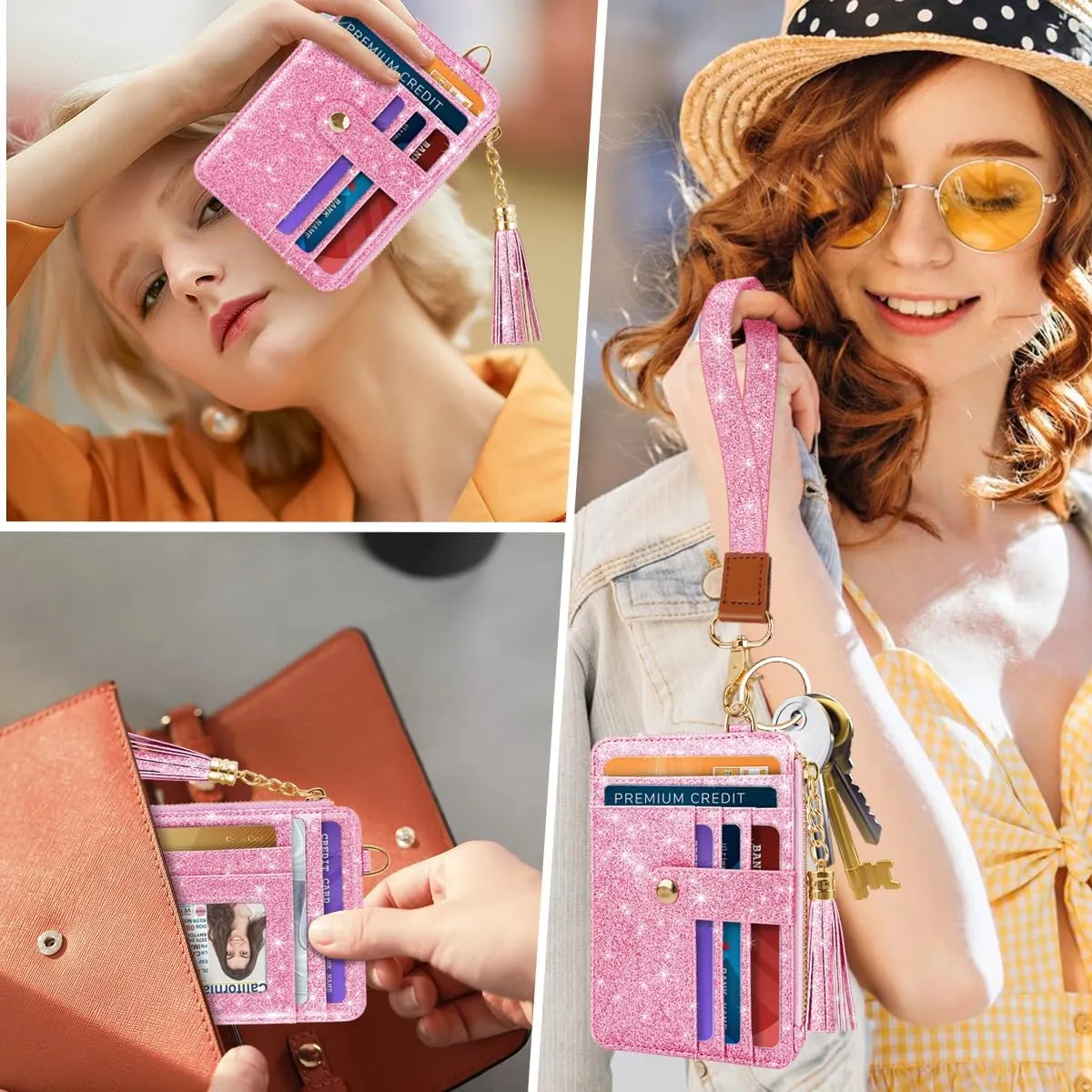 Slim Zipper Credit Card Holder with Keychain Wristlet Small RFID Leather Wallet with ID Window for Women,Peach Glitter