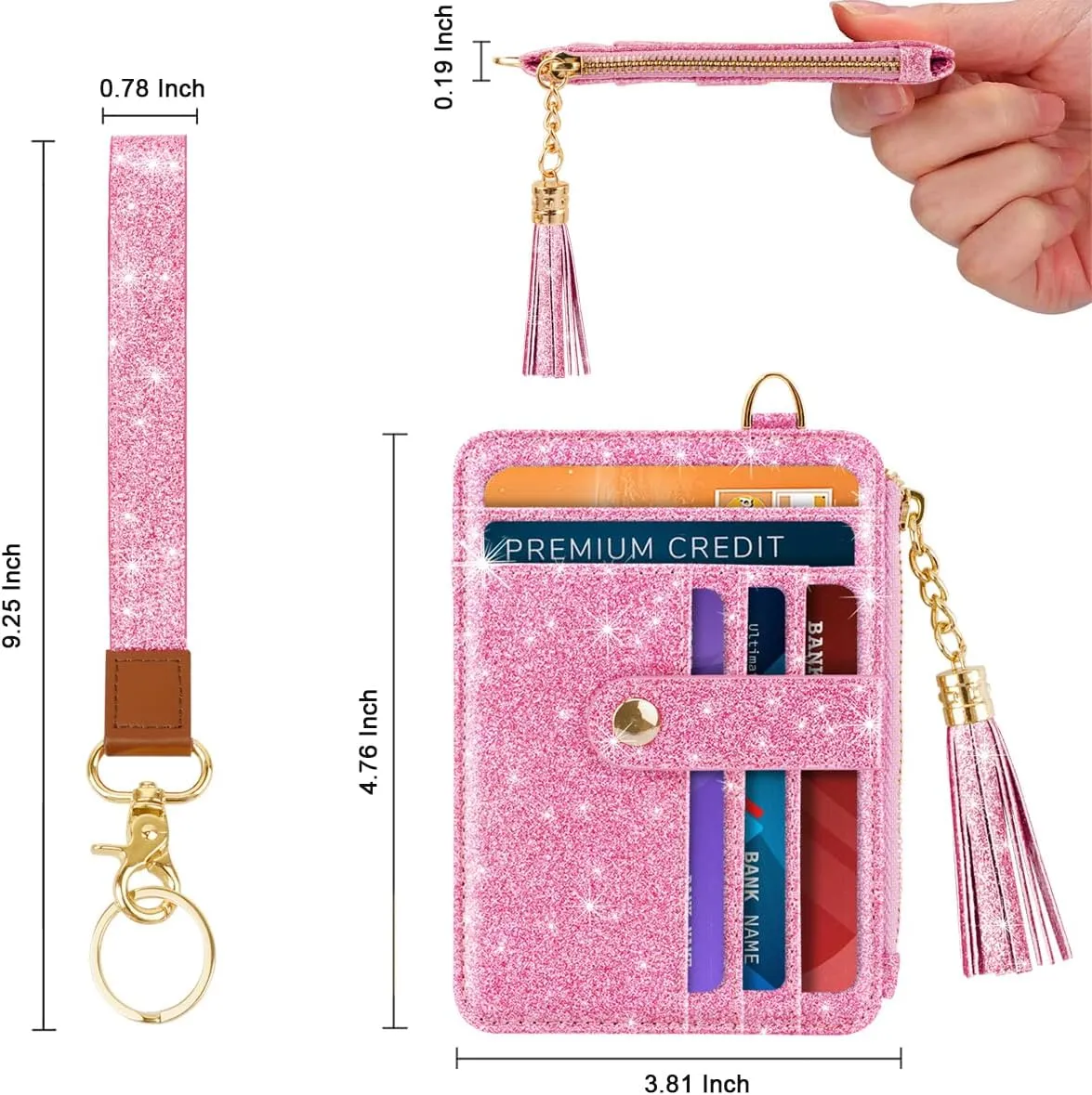 Slim Zipper Credit Card Holder with Keychain Wristlet Small RFID Leather Wallet with ID Window for Women,Peach Glitter