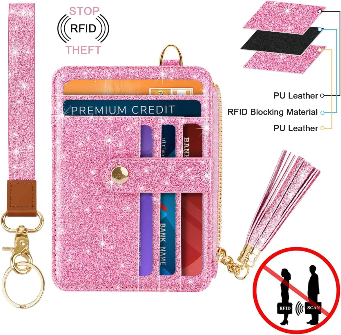 Slim Zipper Credit Card Holder with Keychain Wristlet Small RFID Leather Wallet with ID Window for Women,Peach Glitter