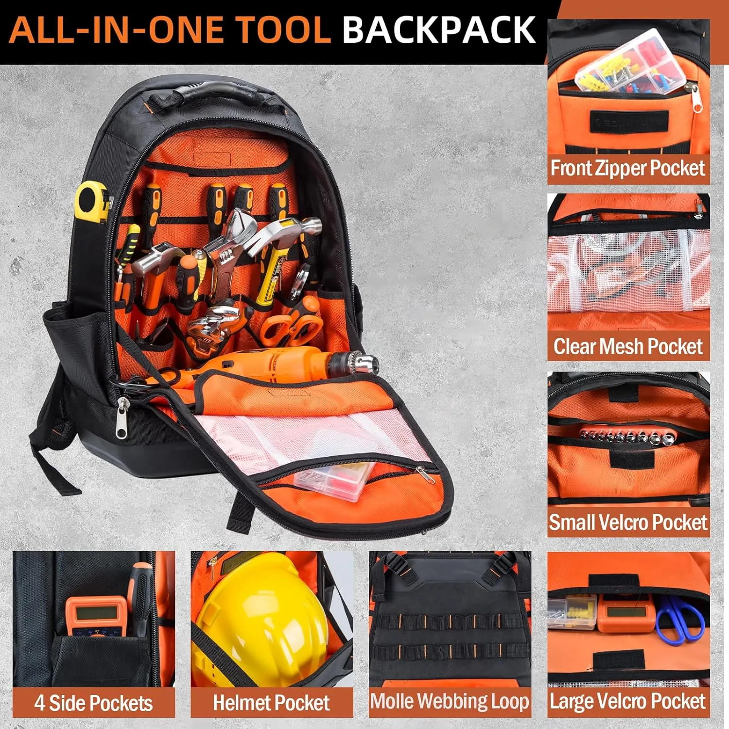 Tool Backpack Heavy Duty, Large Backpack Tool Bag with Multiple Tool Pockets Hard Bottom for Electrician Construction - HVAC Tool Backpack for Men