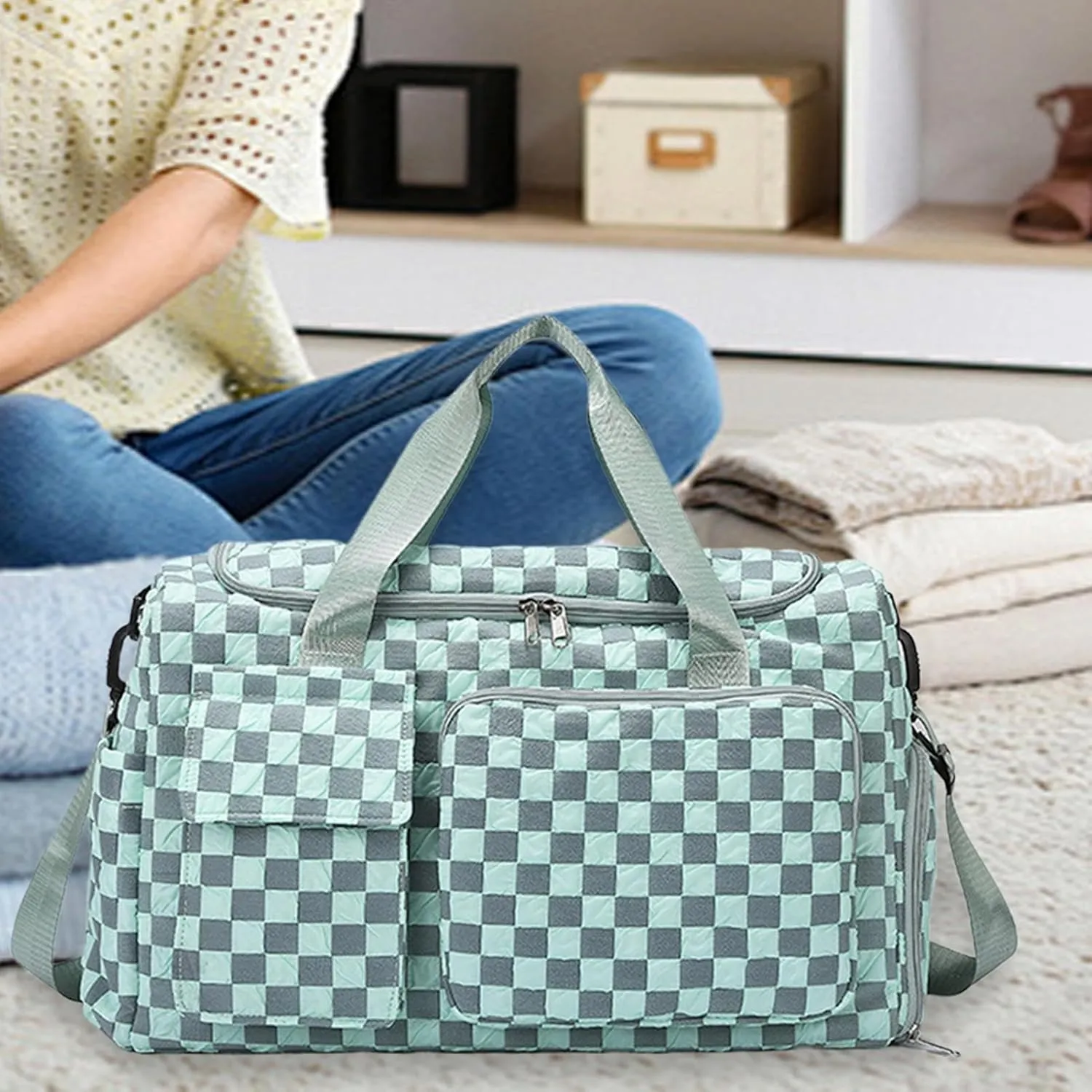 Travel Bag | Large Camping Trip Pouch,Waterproof Plaid Travel Bag with Shoe Compartment for Camping Swimming Beach Swim Pool Sports Gym