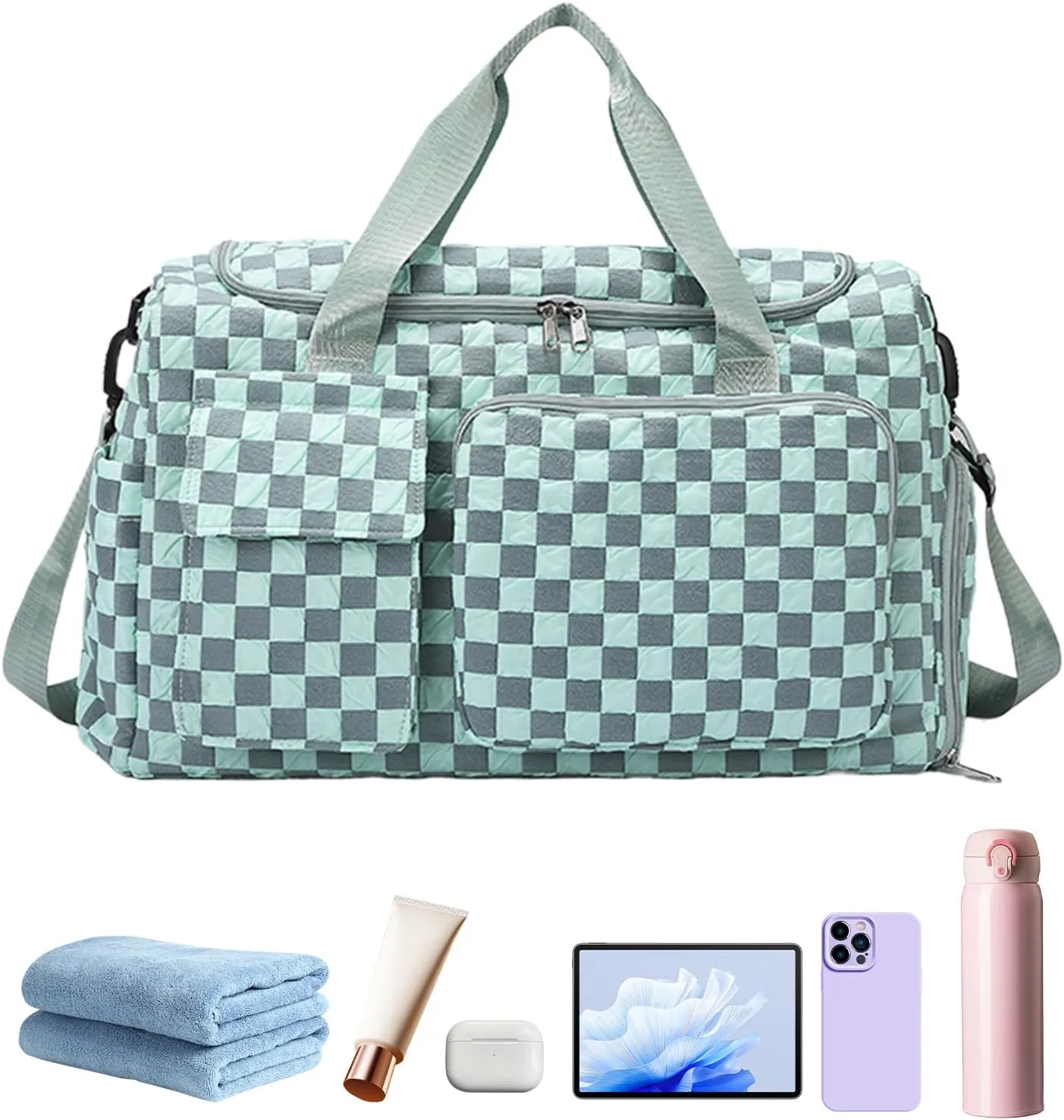 Travel Bag | Large Camping Trip Pouch,Waterproof Plaid Travel Bag with Shoe Compartment for Camping Swimming Beach Swim Pool Sports Gym