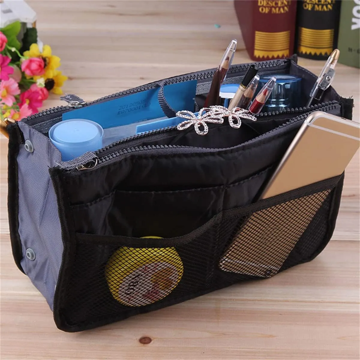 US Large Capacity Purse Organizer Nylon Multiple Pockets Handbag Organizer with Mesh Grid Men Women Outdoor Travel Insert Compartment Tote Bag for Cosmetics Mobile Phones Cards Money Small Items