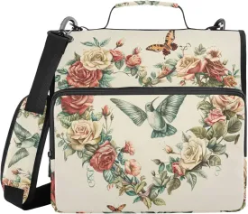 Vintage Flowers Butterflies Hummingbirds Hearts Binder Zipper Organizer with Shoulder Strap & Handle Waterproof 1.5 Inch 3 Rings Portfolio Binder Bag Document Storage