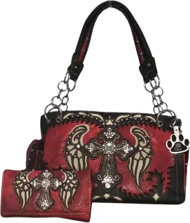 Western Handbag Rhinestone Cross Angelic Wings Women Purse and Wallet Set
