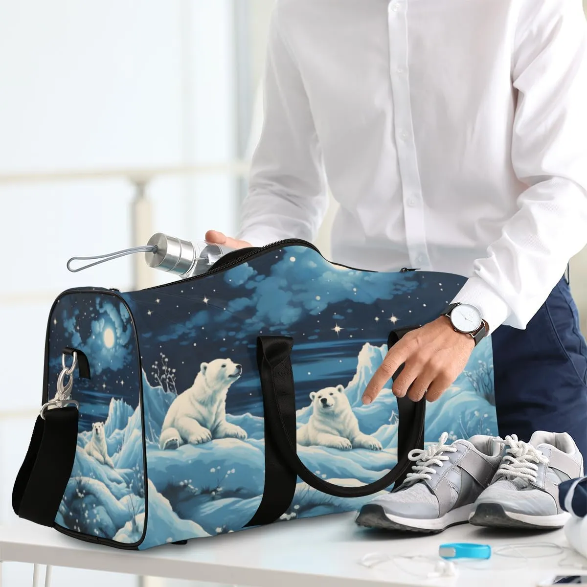 Winter Bear Travel Duffle Bag for Women Men Gym Duffel Foldable Bag Waterproof Weekender Wildlife Animals Duffle Tote