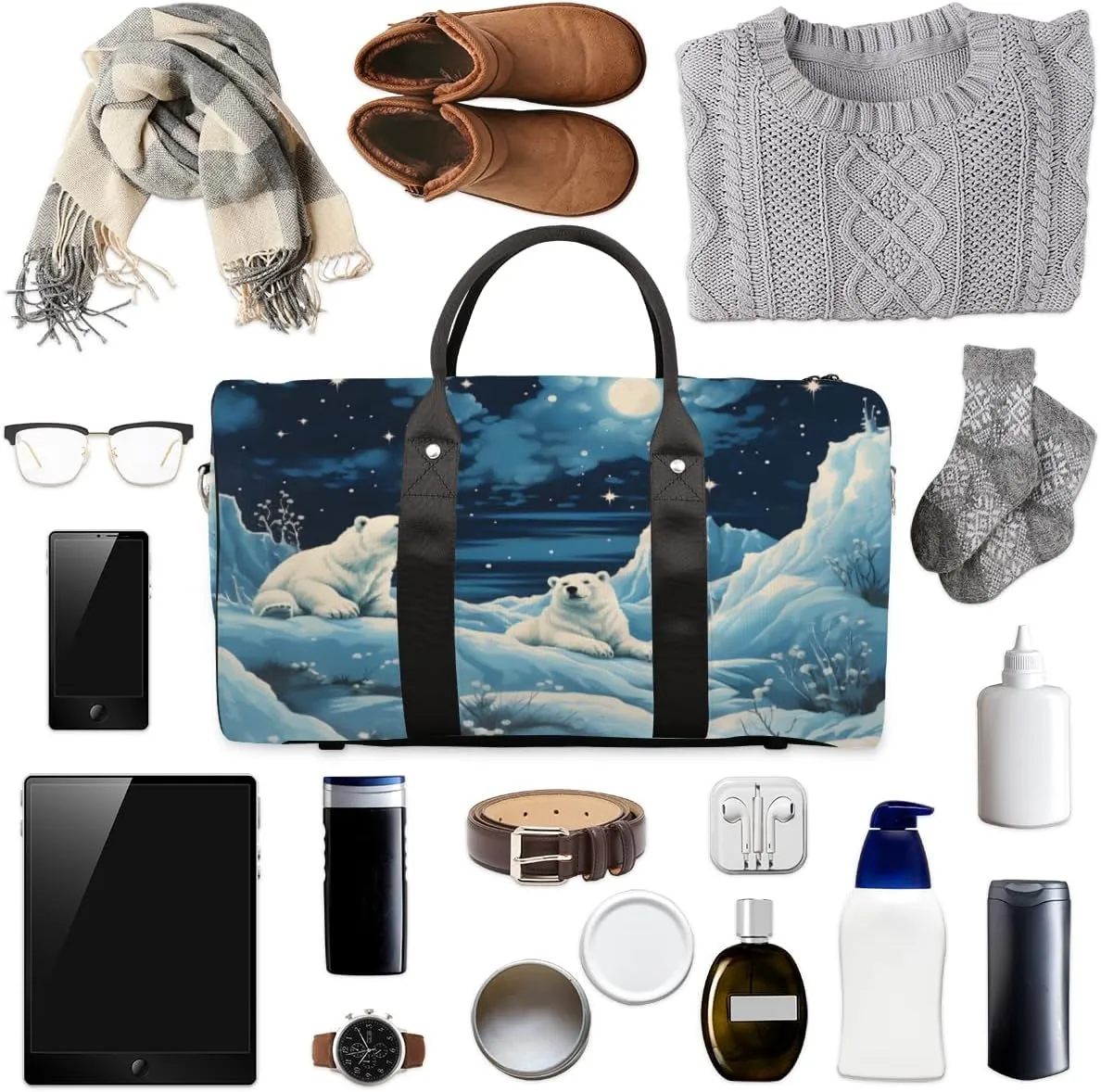Winter Bear Travel Duffle Bag for Women Men Gym Duffel Foldable Bag Waterproof Weekender Wildlife Animals Duffle Tote