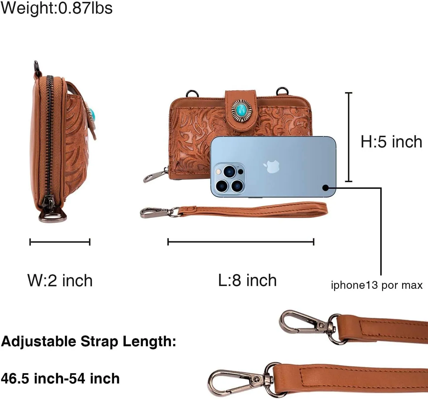 Women's Crossbody Handbag Small Vintage, Ladies Wallet Western Adjustable Phone Purse Clutch Turquoise Concho Embossed