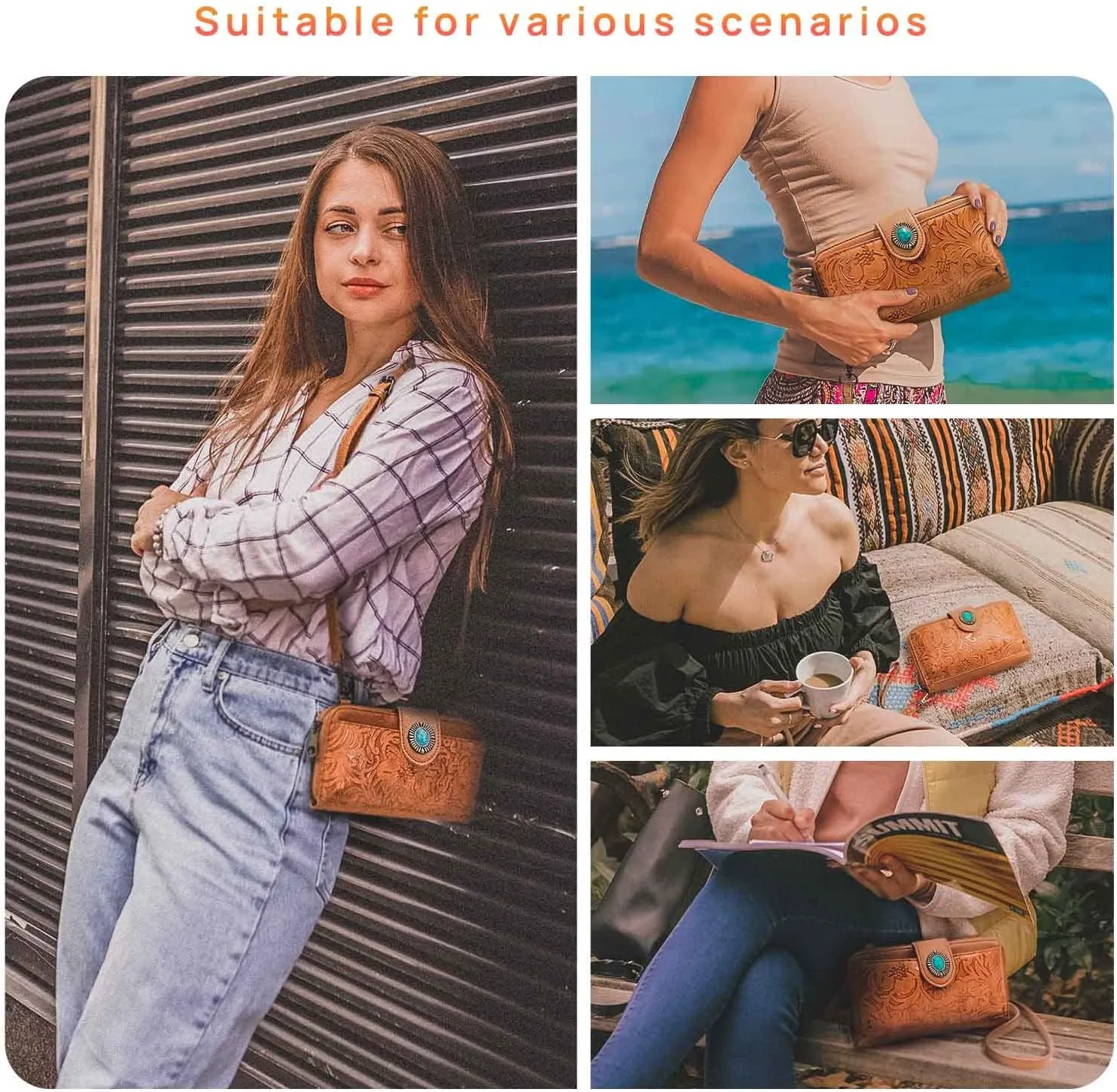 Women's Crossbody Handbag Small Vintage, Ladies Wallet Western Adjustable Phone Purse Clutch Turquoise Concho Embossed